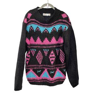 VTG 90’s A’MILANO Retro Funky Black Pink Geo Knit Sweater Ramie Teacher Artsy